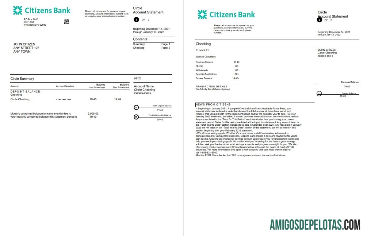 Extrato bancário realista de cidadãos dos EUA, modelo Word e PDF, 4 páginas